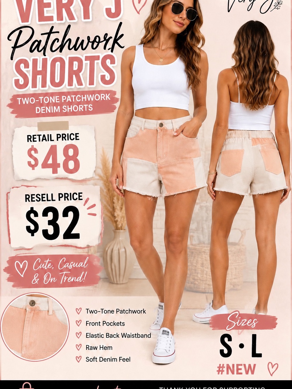 Two-Tone Patchwork Denim Shorts - Pink/Cream